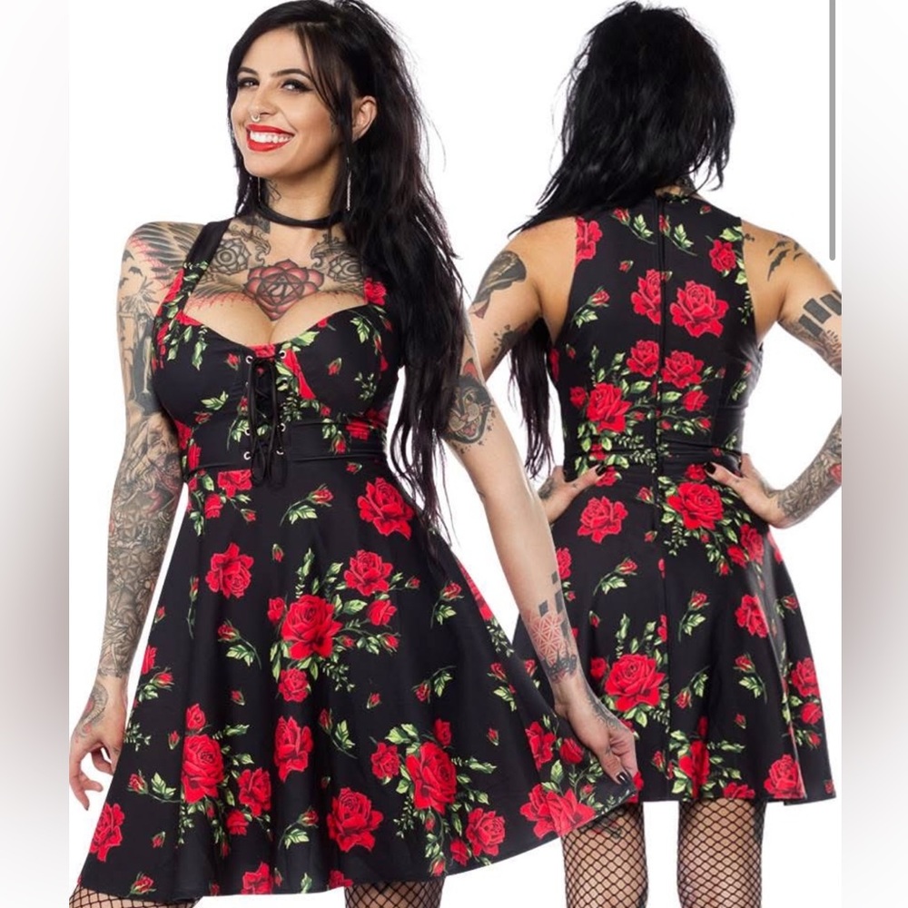 Floral Halter Dress in Black and Red